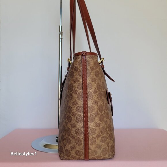 COACH Taylor Signature Logo Canvas Tote with C Dangle Charm-Tan Rust color ⭐ - Picture 8 of 16
